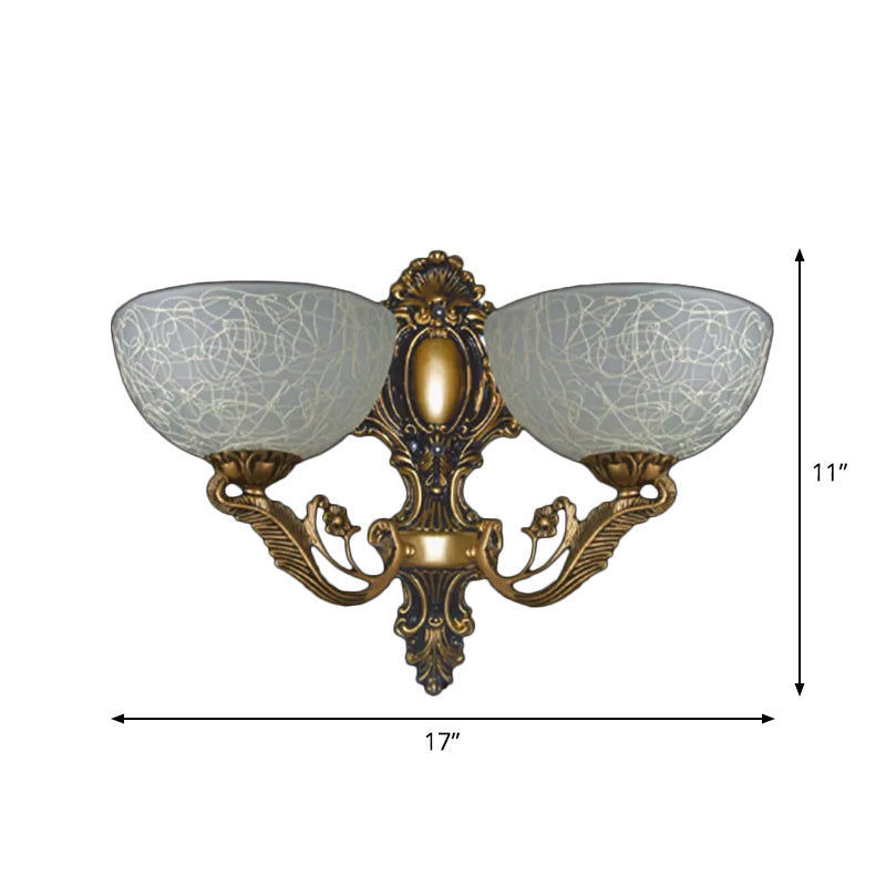 White Patterned Glass Sconce Lamp With 2 Bulbs Ideal For Wall Mount In Rural Foyer - Bronze Finish