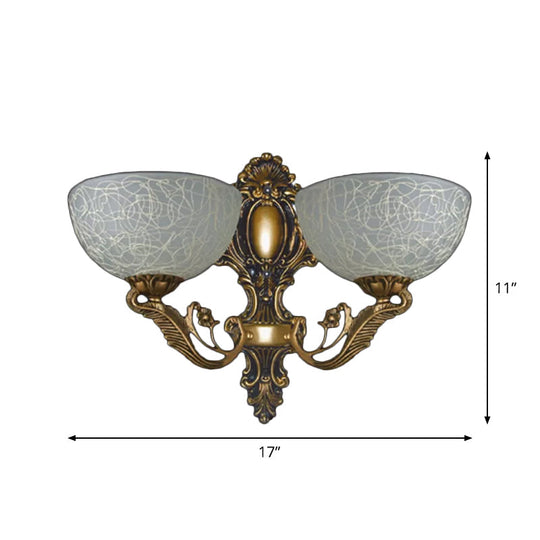 White Patterned Glass Sconce Lamp With 2 Bulbs Ideal For Wall Mount In Rural Foyer - Bronze Finish