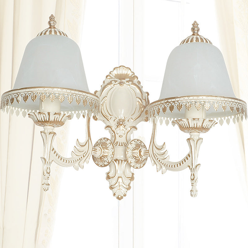 Frosted Glass Cloche Wall Sconce: Traditional 2-Head Dining Room Lamp With White Trim Beige