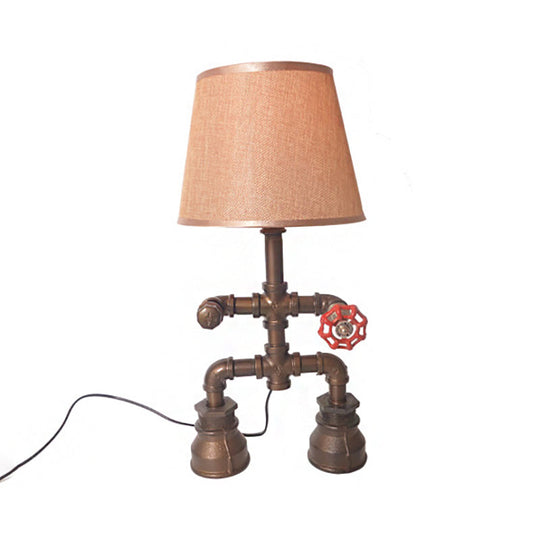 Vintage Fabric Conical Table Lamp With Water Pipe - Stylish 1-Light Restaurant Lighting In Bronze