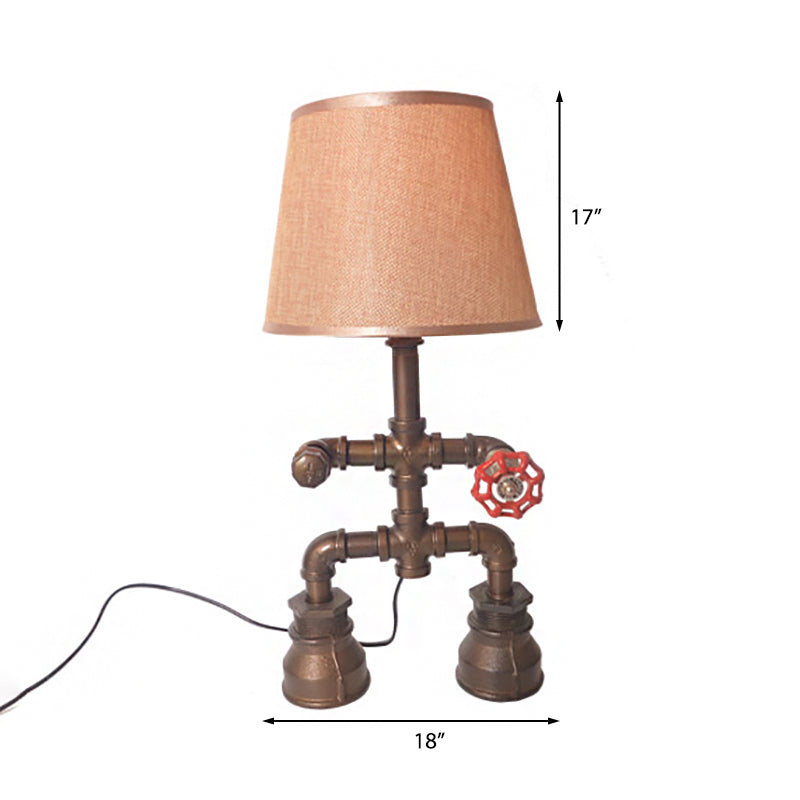 Vintage Fabric Conical Table Lamp With Water Pipe - Stylish 1-Light Restaurant Lighting In Bronze