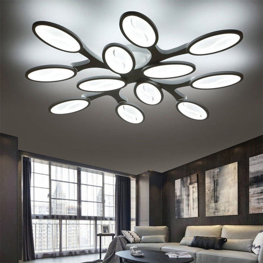 Contemporary Acrylic Oval-Leaf Branch Semi Flush Light - 6/9/12 Lights - White LED Ceiling Lamp - Warm/White Light