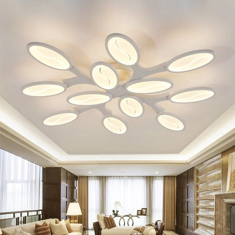 Contemporary Acrylic Oval-Leaf Branch Semi Flush Light - 6/9/12 Lights - White LED Ceiling Lamp - Warm/White Light