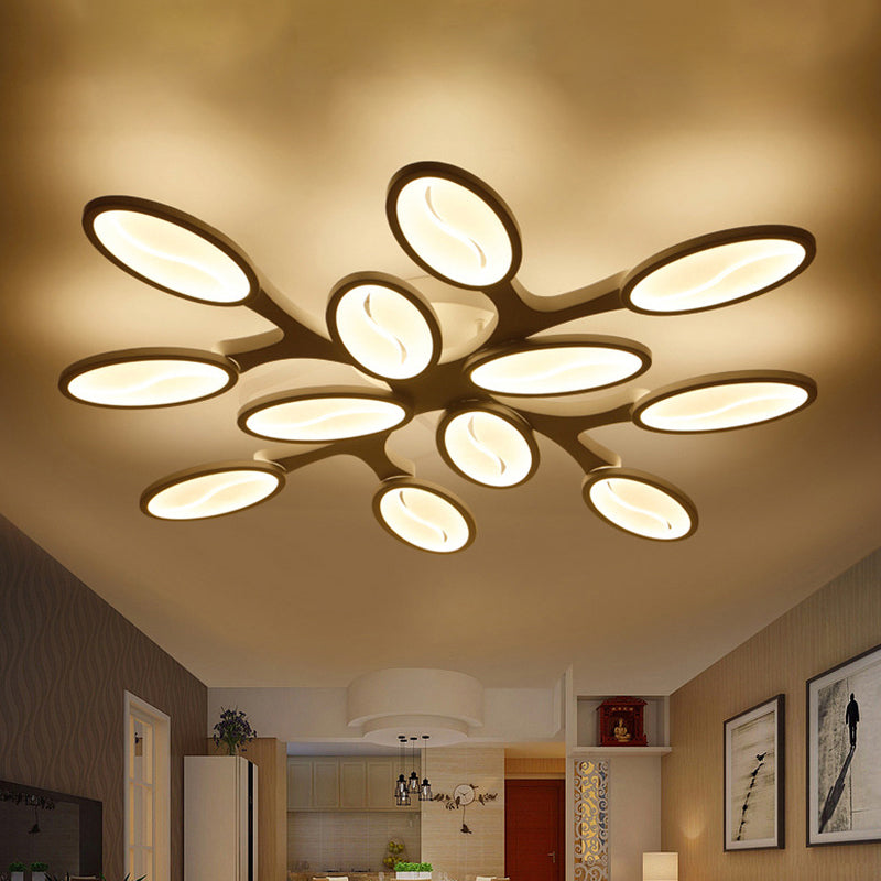 Contemporary Acrylic Oval-Leaf Branch Semi Flush Light - 6/9/12 Lights - White LED Ceiling Lamp - Warm/White Light