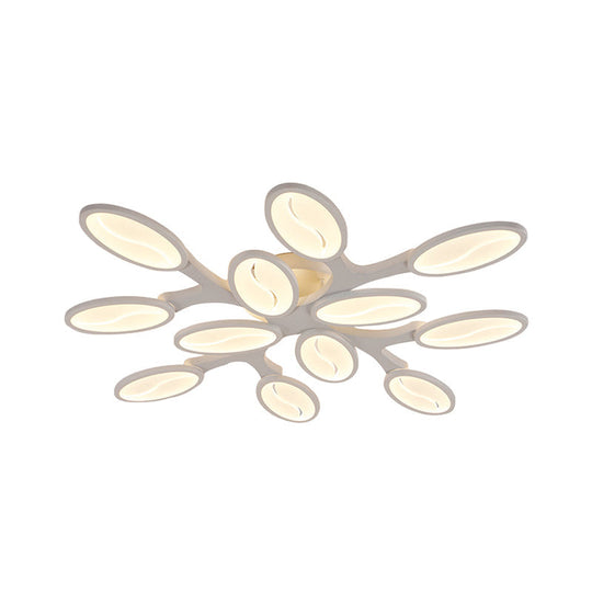 Contemporary Acrylic Oval-Leaf Branch Semi Flush Light - 6/9/12 Lights - White LED Ceiling Lamp - Warm/White Light