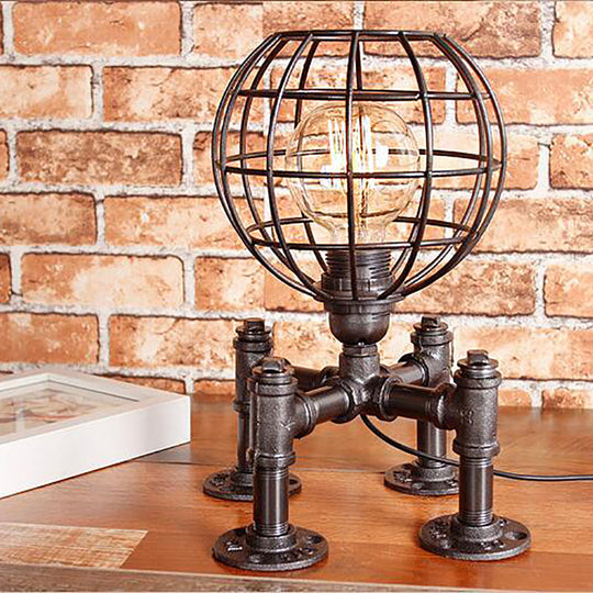 Rustic 1-Light Cage Table Lamp With Aged Silver/Bronze Finish - Farmhouse Style Silver