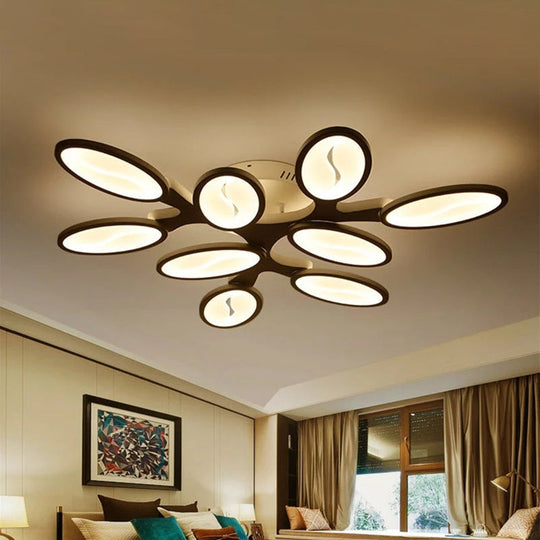 Contemporary Acrylic Oval-Leaf Branch Semi Flush Light - 6/9/12 Lights - White LED Ceiling Lamp - Warm/White Light