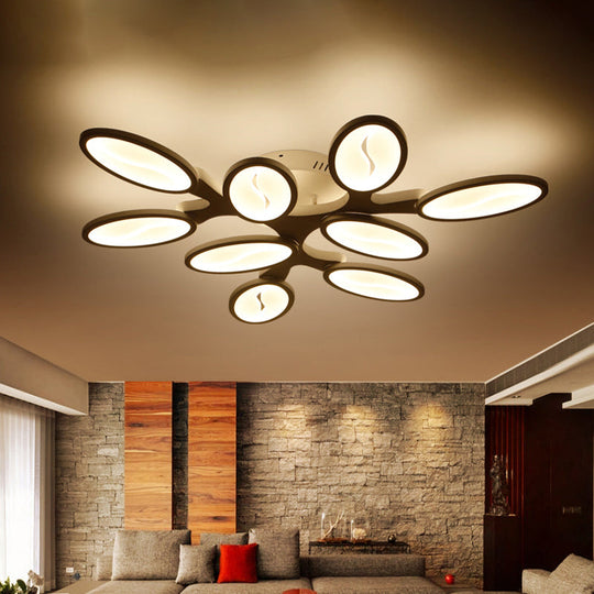 Contemporary Acrylic Oval-Leaf Branch Semi Flush Light - 6/9/12 Lights - White LED Ceiling Lamp - Warm/White Light