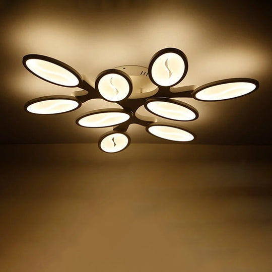 Contemporary Acrylic Oval-Leaf Branch Semi Flush Light - 6/9/12 Lights - White LED Ceiling Lamp - Warm/White Light