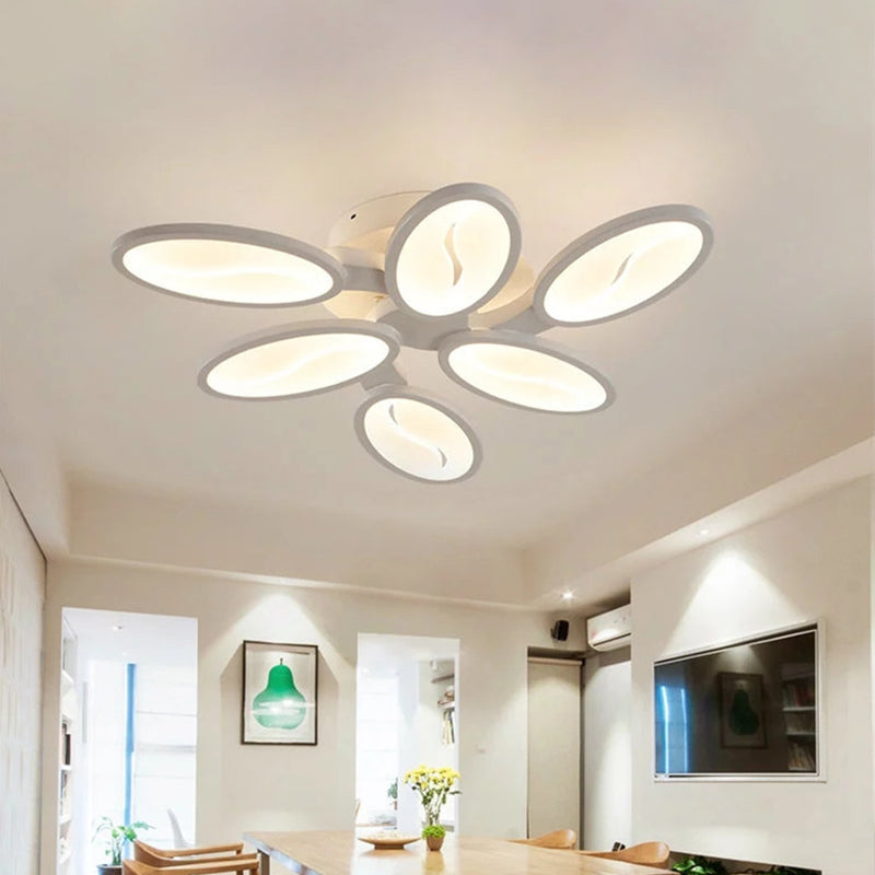 Contemporary Acrylic Oval-Leaf Branch Semi Flush Light - 6/9/12 Lights - White LED Ceiling Lamp - Warm/White Light