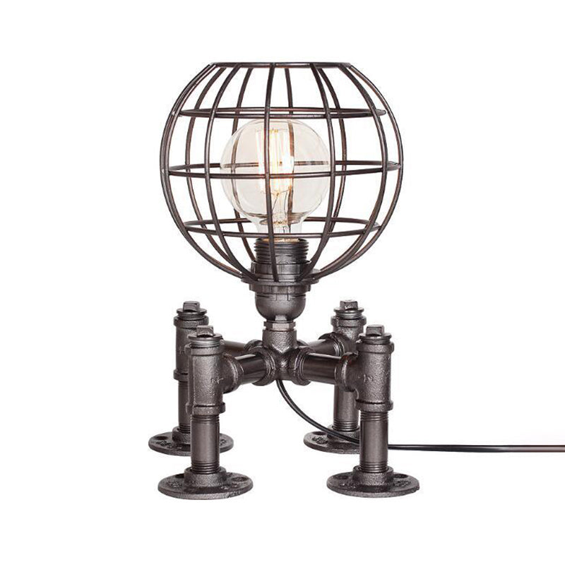 Rustic 1-Light Cage Table Lamp With Aged Silver/Bronze Finish - Farmhouse Style