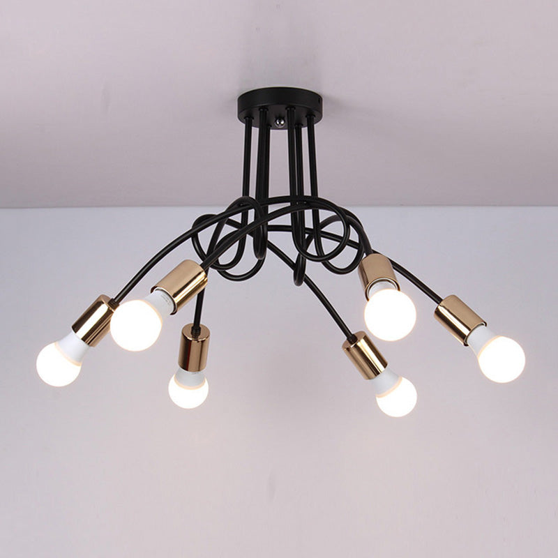 Industrial Twisted Metallic Semi-Flush Ceiling Light With Bare Bulb - Black 3/5 Lights For Hallway