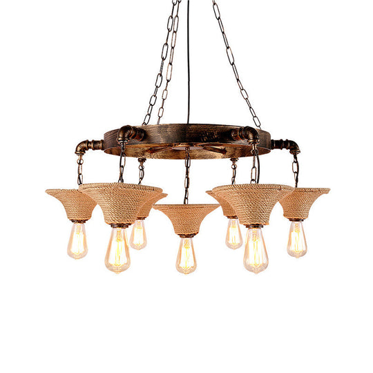 Antique Bronze Rope Chandelier Pendant Light with Cone Shade - Rustic Dining Room Ceiling Lamp, 7/9 Bulb