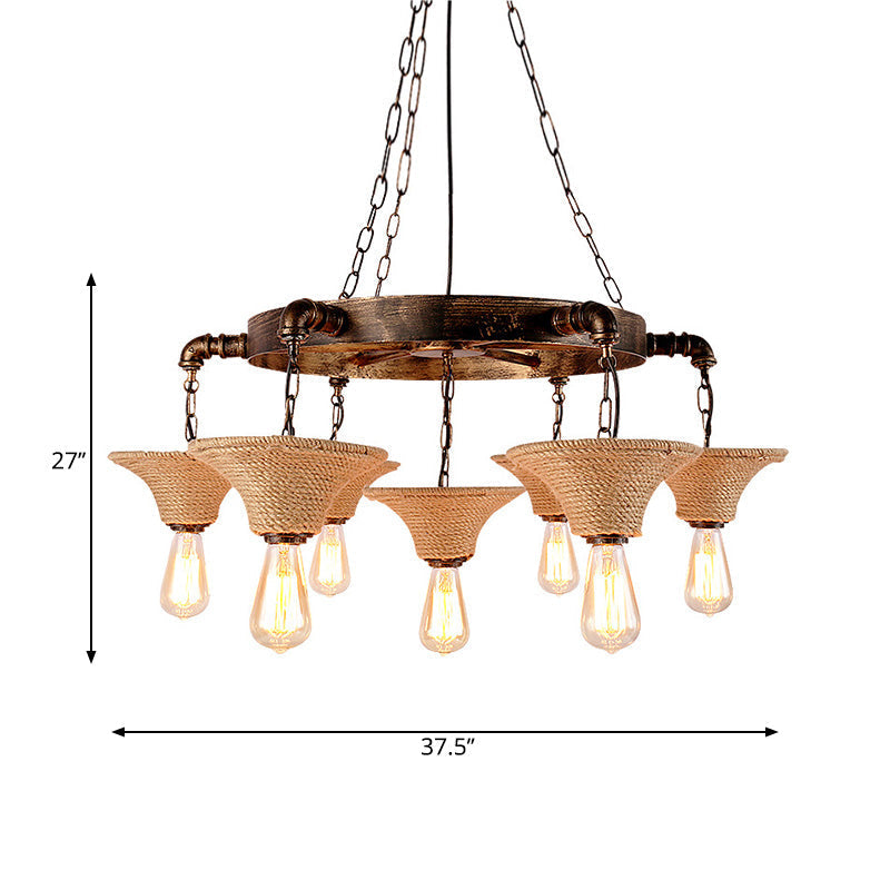 Antique Bronze 7/9-Bulb Rope Chandelier For Rustic Dining Room - Cone Shade Pendant Light