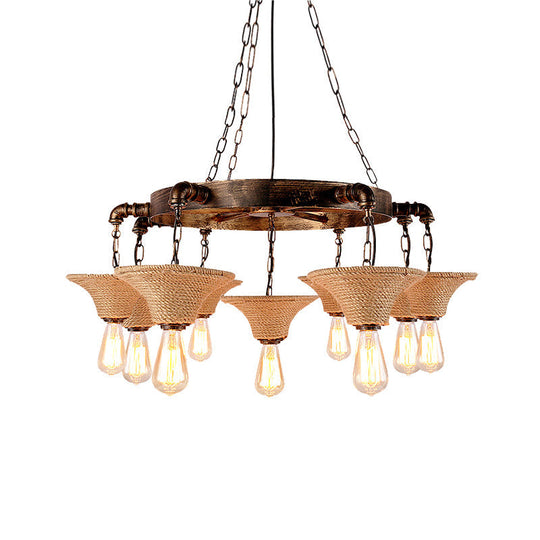 Antique Bronze 7/9-Bulb Rope Chandelier For Rustic Dining Room - Cone Shade Pendant Light