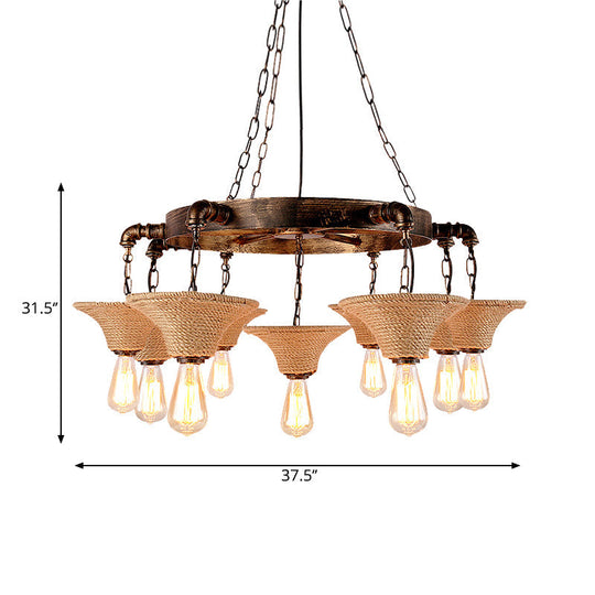 Antique Bronze 7/9-Bulb Rope Chandelier For Rustic Dining Room - Cone Shade Pendant Light