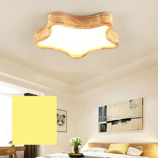 Star Wooden Flush Mount Ceiling Light for Designer Bedroom in Beige