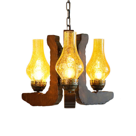 Vintage Yellow Vase Hanging Chandelier - 3-Light Crackle Glass Pendant Light with Wood Finish for Living Room