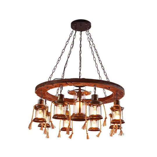 Coastal Clear Glass Lantern Pendant Chandelier with Wood Multi Lights & Chain Fixture