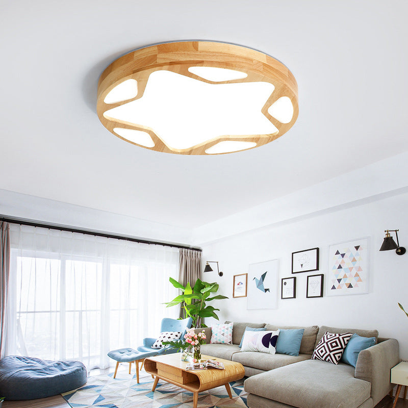 Wood Art Deco LED Flush Ceiling Light - Star Living Room Fixture in Beige