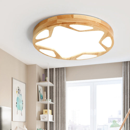 Wood Art Deco LED Flush Ceiling Light - Star Living Room Fixture in Beige