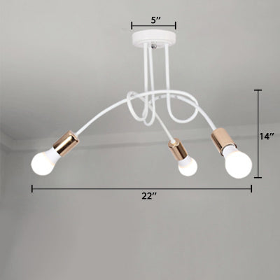 Loft Style Twisted Semi Flush Gold Ceiling Light Fixture with Open Bulb, 3/5 Heads