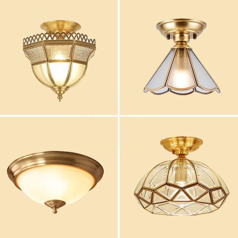 Vintage Brass Cone Semi Flush Mount Ceiling Light With Frosted White Glass Ideal For Corridors