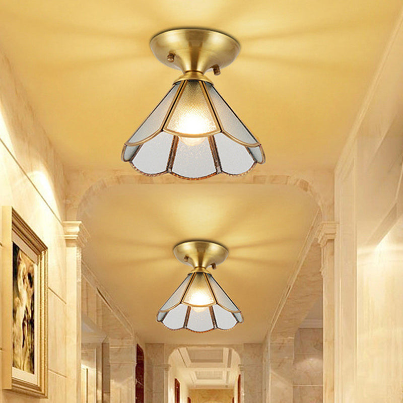 Vintage Brass Cone Semi Flush Mount Ceiling Light With Frosted White Glass Ideal For Corridors