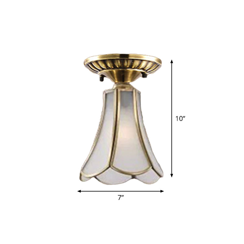 Frosted Glass Flush Lamp - Curved/Cylinder/Flower Design - 1-Light Corridor Flush Mount Light in Brass