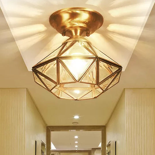 Colonial Diamond Flush Ceiling Light - 10"/12" - 1-Light - Clear Beveled Glass Panels - Brass Finish