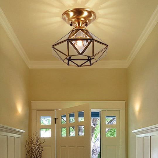 Colonial Diamond Flush Ceiling Light - 10"/12" - 1-Light - Clear Beveled Glass Panels - Brass Finish