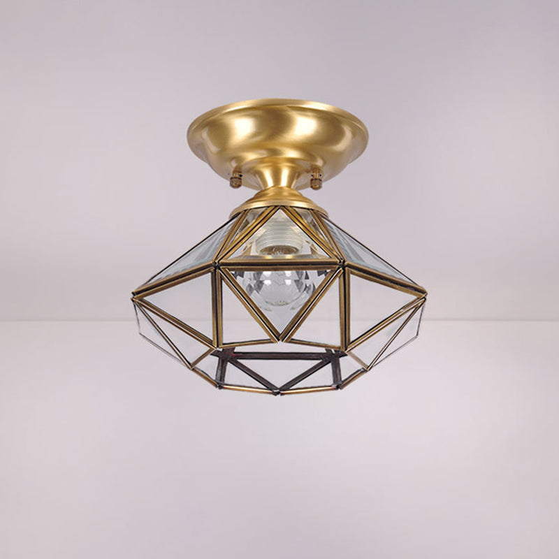 Colonial Diamond Flush Ceiling Light - 10"/12" - 1-Light - Clear Beveled Glass Panels - Brass Finish