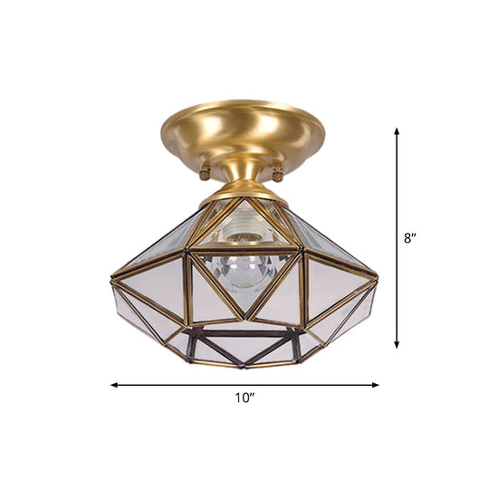 Colonial Diamond Flush Ceiling Light - 10"/12" - 1-Light - Clear Beveled Glass Panels - Brass Finish