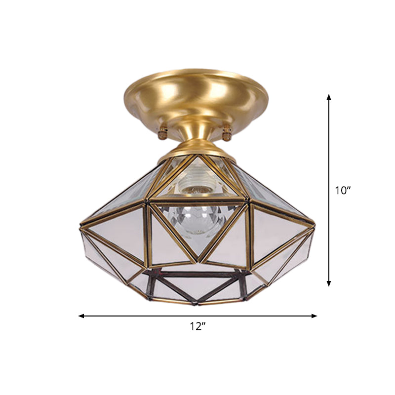 Colonial Diamond Flush Ceiling Light - 10"/12" - 1-Light - Clear Beveled Glass Panels - Brass Finish