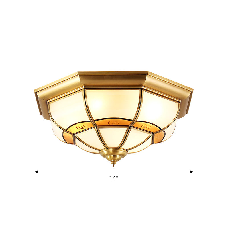 Vintage Brass Flush Light With Frosted Glass Panels - 3/4/6 Lights Octagonal Design