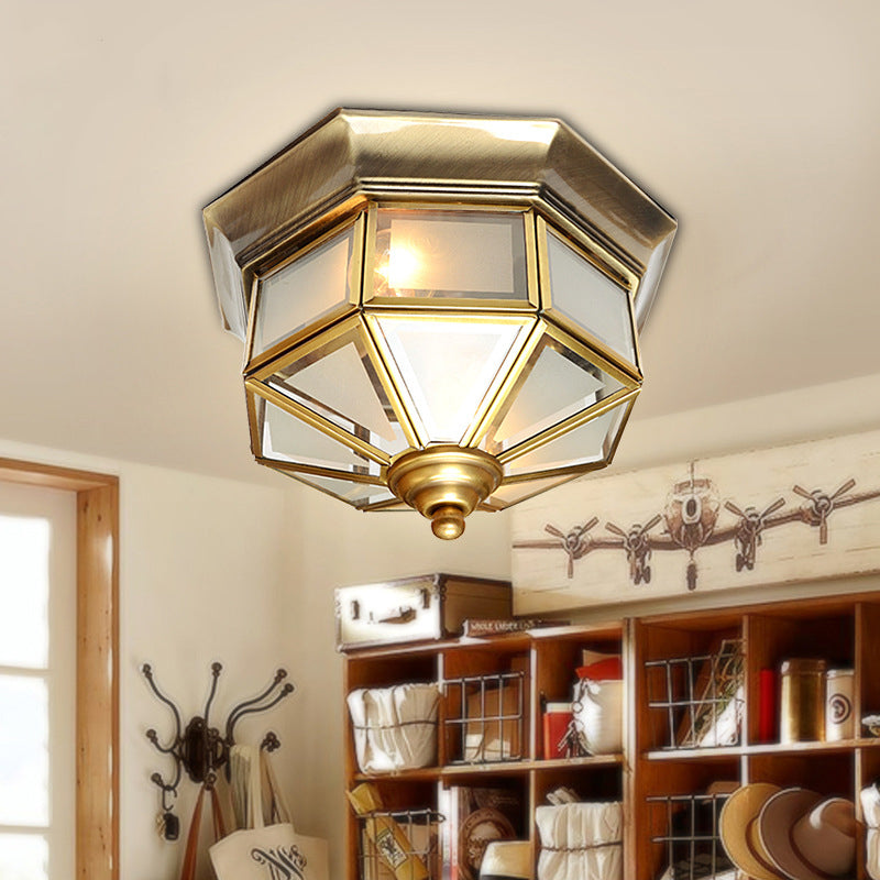 Vintage Brass Octagon Flush Ceiling Light with Frosted Glass, 2 Lights, 13"/15" W - Ideal for Living Room