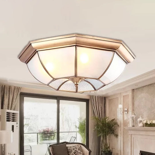 Colonial Bedroom Flush Mount Ceiling Light with Octagon Frosted Glass Shade in Brass - Available in 14"/18"/22" W and 3/4/6 Lights