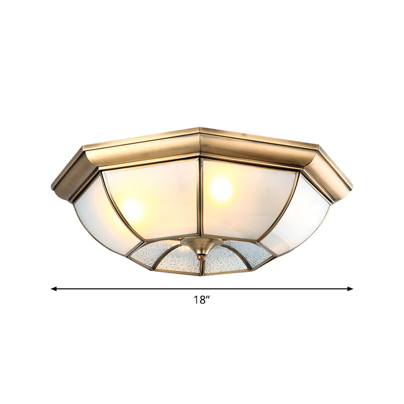 Colonial Bedroom Flush Mount Ceiling Light With Octagon Frosted Glass Shade In Brass - Available