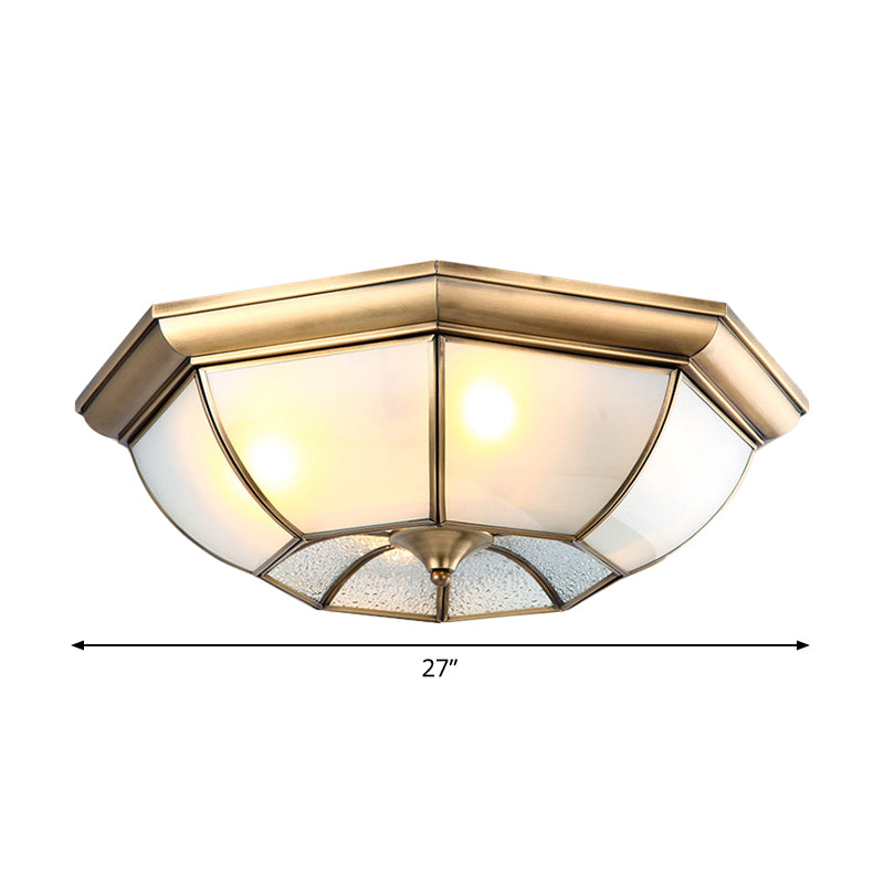 Colonial Bedroom Flush Mount Ceiling Light with Octagon Frosted Glass Shade in Brass - Available in 14"/18"/22" W and 3/4/6 Lights