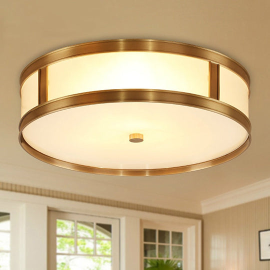 Colonial Brass Flush Mount Light with Opal Glass and 2 Drum Lights