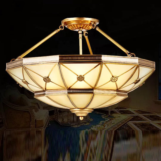 23.5"/32" W 6/9-Light Semi Flush Mount Umbrella Frosted Glass Light, Traditional Brass Style