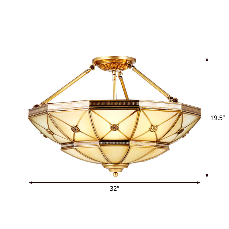 23.5"/32" W 6/9-Light Semi Flush Mount Umbrella Frosted Glass Light, Traditional Brass Style