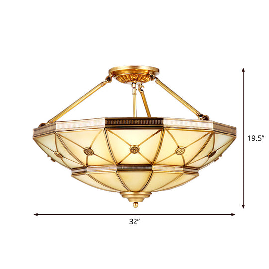 23.5"/32" W 6/9-Light Semi Flush Mount Umbrella Frosted Glass Light, Traditional Brass Style