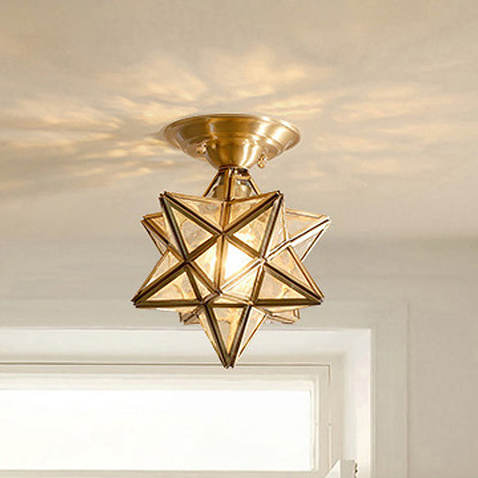 Diamond/Star Traditional Bedroom Ceiling Light - Transparent Glass 1-Light Brass Flushmount