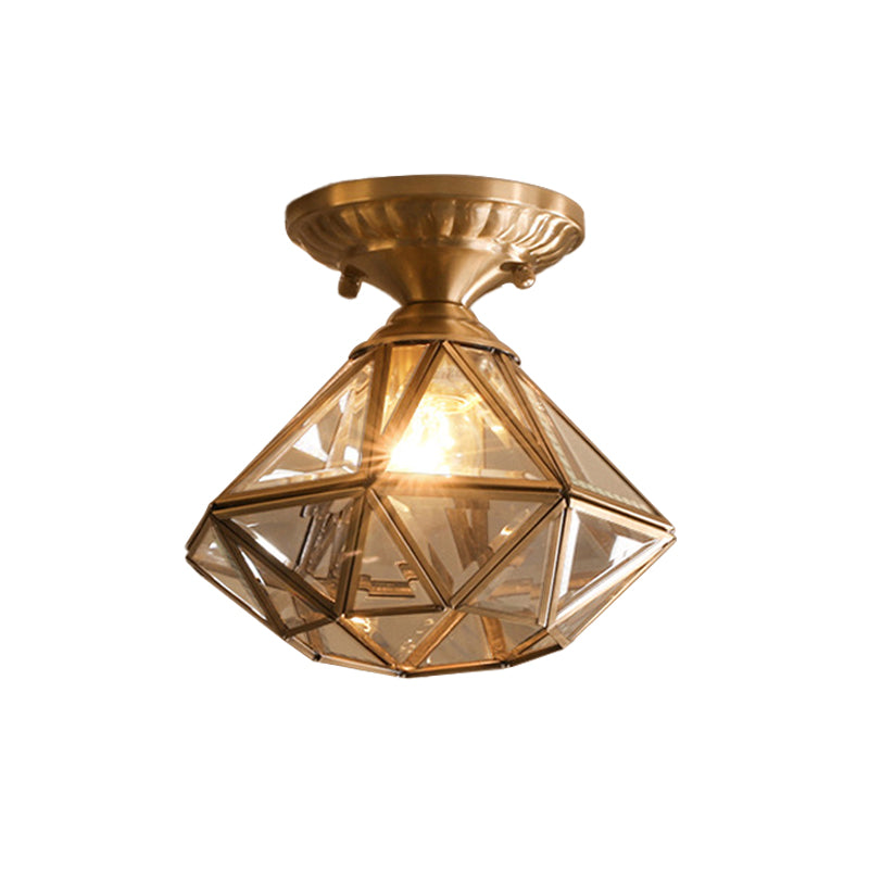 Diamond/Star Traditional Bedroom Ceiling Light - Transparent Glass 1-Light Brass Flushmount