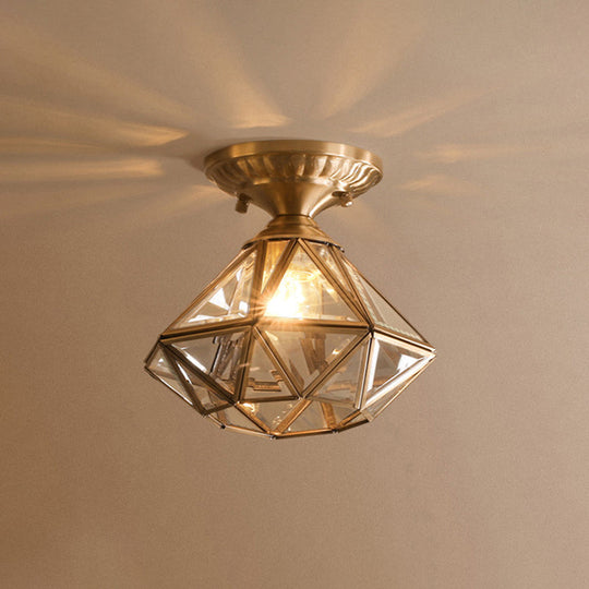 Diamond/Star Traditional Bedroom Ceiling Light - Transparent Glass 1-Light Brass Flushmount