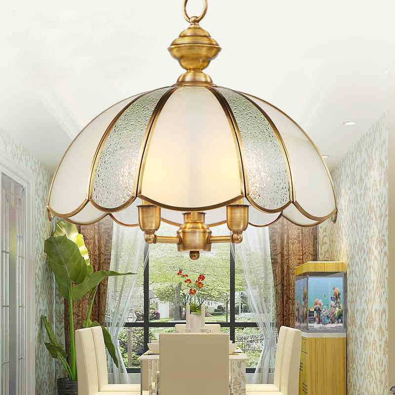 Classic Polished Brass Chandelier With Frosted Glass Lamp: 3-Light Dome Hanging Lighting