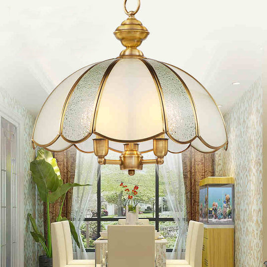 Classic Polished Brass Chandelier With Frosted Glass Lamp: 3-Light Dome Hanging Lighting