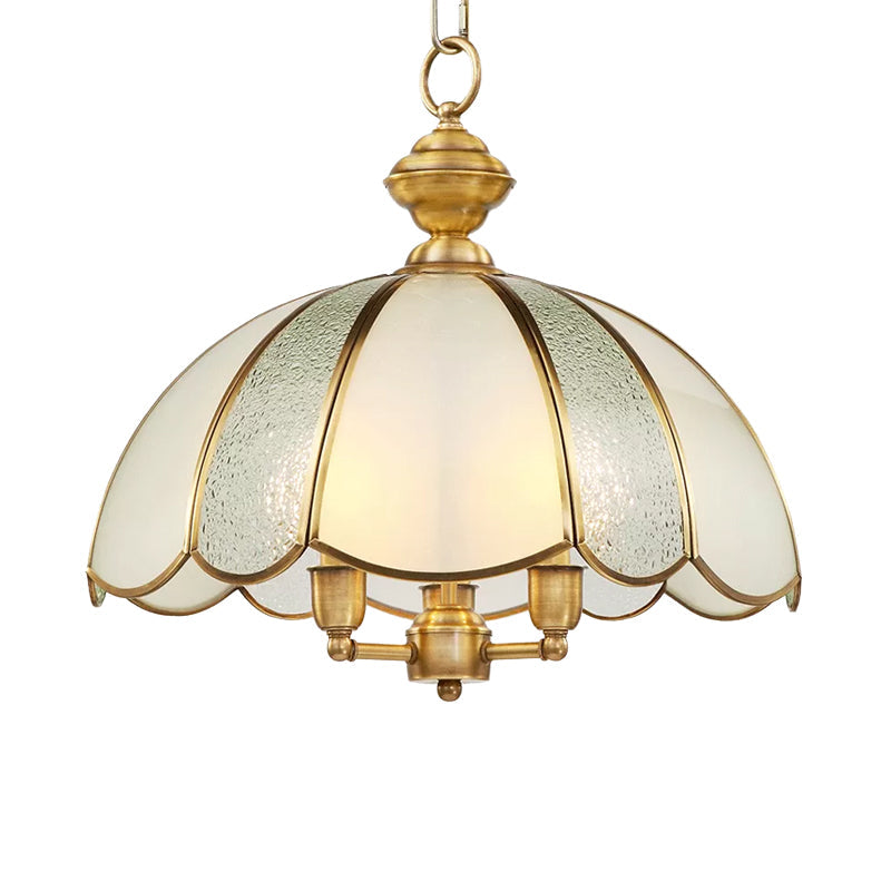 Classic Polished Brass Chandelier With Frosted Glass Lamp: 3-Light Dome Hanging Lighting