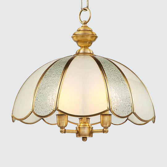 Classic Polished Brass Chandelier With Frosted Glass Lamp: 3-Light Dome Hanging Lighting